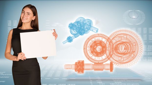 Businesswoman hold paper sheet. Wire-frame reduction gears on transparent plane. Graphs as backdrop