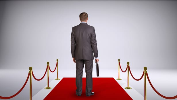 Businessman in suit holding briefcase and standing on red carpet. Rear view. Business concept