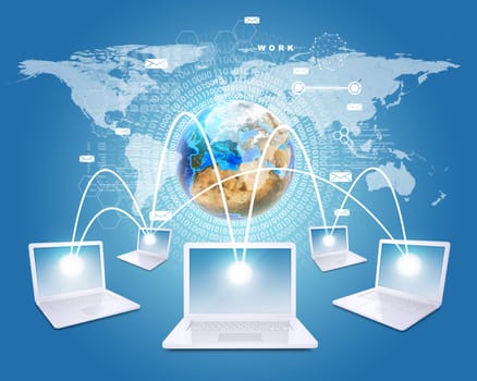 White laptops are connected to network. Earth, world map and figures on background. Elements of this image furnished by NASA