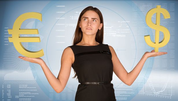 Businesswoman holding gold dollar and euro signs. Hi-tech graphs as backdrop. Business concept