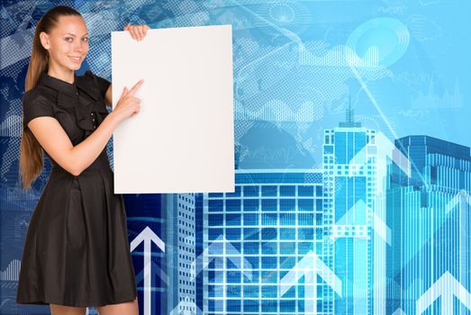 Beautiful businesswoman in dress smiling and holding empty paper sheet. Buildings and arrows as backdrop