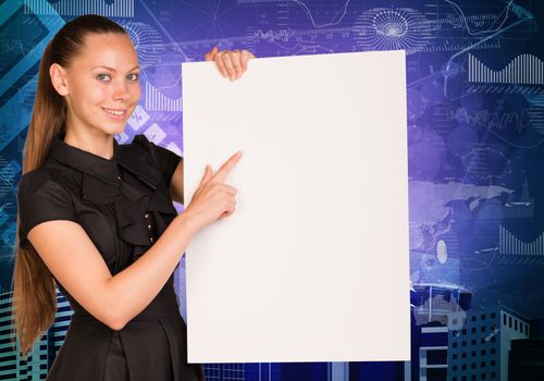 Beautiful businesswoman in dress smiling and holding empty paper sheet. Buildings and graphs as backdrop