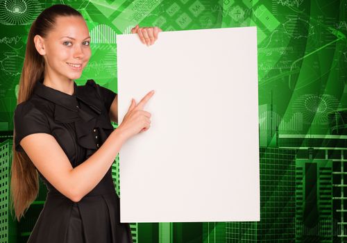 Beautiful businesswoman in dress smiling and holding empty paper sheet. Buildings and graphs as backdrop