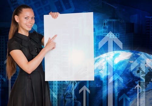 Beautiful businesswoman in dress smiling and holding empty paper sheet. Earth, arrows and buildings on background. Elements of this image furnished by NASA