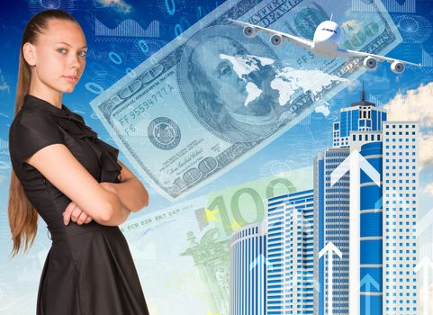 Beautiful businesswoman in dress with crossed arms. Buildings, money, airplane and world map as backdrop