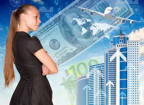 Beautiful businesswoman in dress with crossed arms. Rear view. Buildings, money, airplane and world map as backdrop