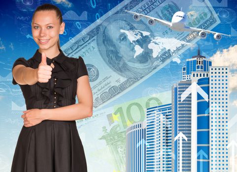 Beautiful businesswoman in dress smiling and showing thumb-up. Buildings, money, airplane and world map as backdrop