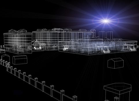 Wire-frame buildings with light on dark background. Construction concept