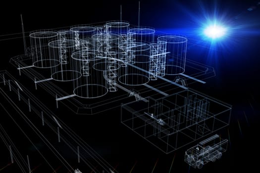 Wire-frame industrial tanks with light on dark background. Industrial concept