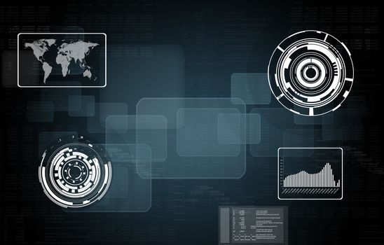 World map, transparent rectangles and graphs. Concept background