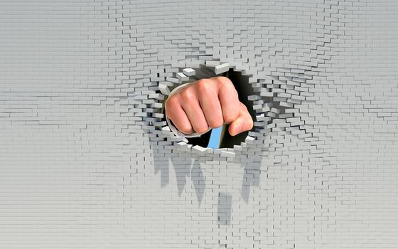 Fist punching through brick wall. Business concept