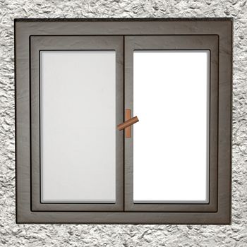 Closed window with wooden fixtures, 3D render