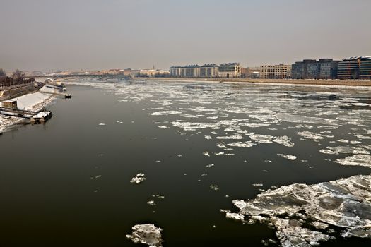 Ice sheets float on the river Danube