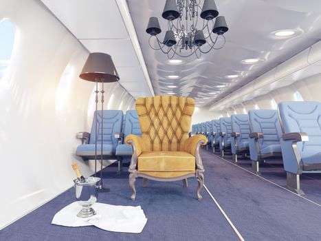  luxury armchair in airplane cabin. 3d creativity concept