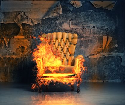 burning armchair in the grunge interior. 3D illustration creative concept