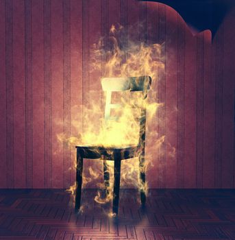 The burning chair in old vintage interior.3d illustration. Creative concept
