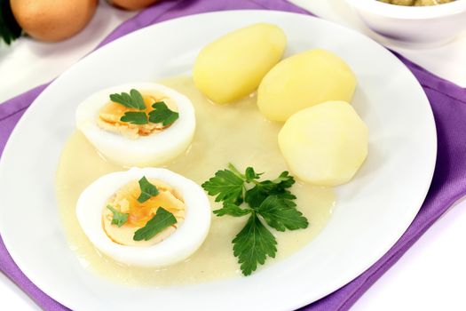 Mustard eggs with cooked potatoes on bright background