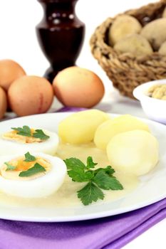Mustard eggs with potatoes and parsley on a light background