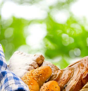 Basket of buns on green leaves background