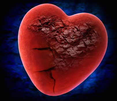 Red broken stone heart on blue