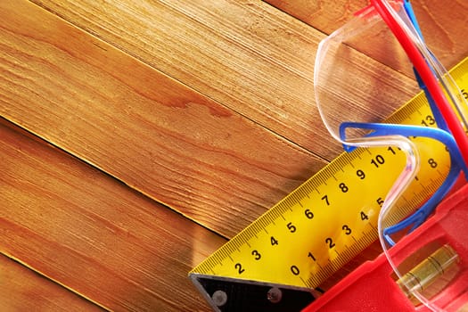 Angle ruler, balance level and goggles