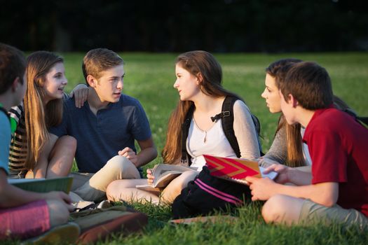 Group of Caucasian teenage students doing homework