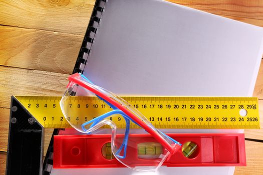 Angle ruler, balance level and goggles