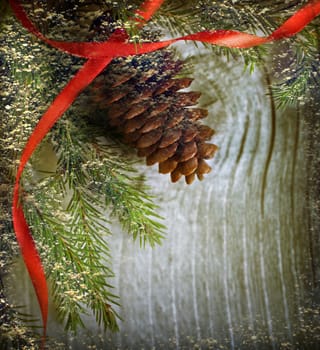 Background with fir and cone on wood