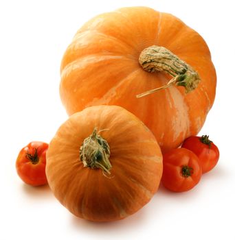 Pumpkins and tomatoes on white background