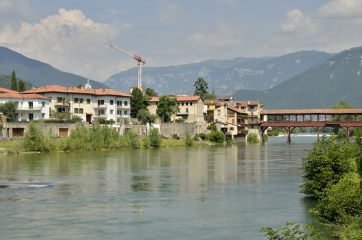 Bassano del Grappa, northern Italy. The city lies at the foothills of the Venetian Prealps, where river Brenta comes out the southern end of Canal of Brenta.
