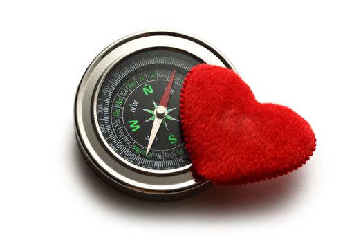 Compass and red heart on white