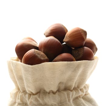 Fresh hazelnuts in a sack