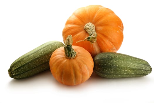 Pumpkins and marrows on the white background