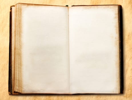 Old open blank book on stained background