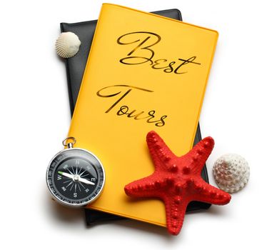 Compass, seastar and seashells on best tour brochure