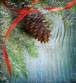Background with fir and cone on wood