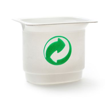 Empty plastic yoghurt pot on white