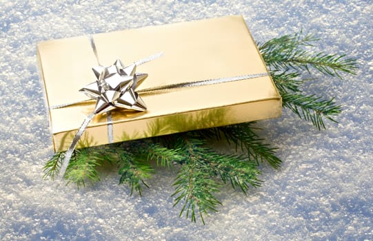 Gift with green fir on snow background