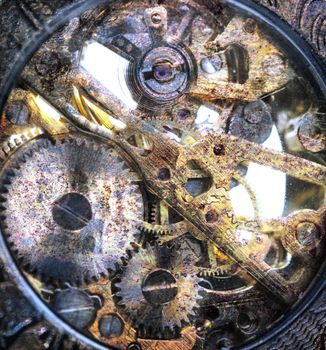 Clockwork inside mechanism in closeup