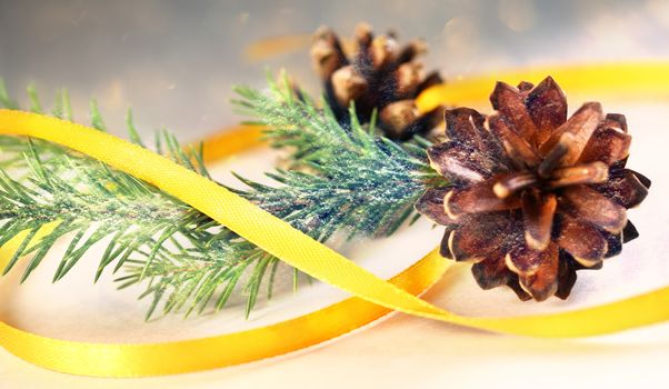 Twig of evergreen fir and cone with ribbon