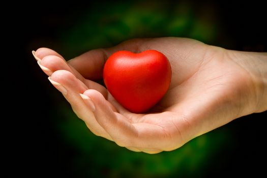 Heart in hand on black and green background