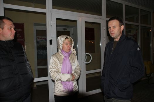 Khimki, Moscow region, Russia - October 14, 2012. opposition leader Alexei Navalny arrived in Khimki to support the opposition candidate Yevgeny Chirikova. The photo is also the head of the electoral headquarters Nikolai Laskin. On election day in the suburban town of Khimki broke sharp competition between the candidate of the Kremlin Oleg Shahov and representative opposition Yevgenia Chirikova