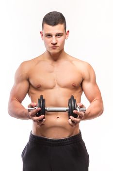 Muscular fitness man holding dumbbell - studio shoot 