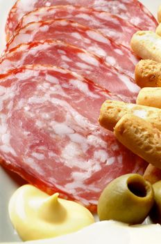 Arrangement of Gourmet Smoked Salami Salchichon with Bread Sticks, Cheese Sauce and Green Olives closeup on Grey Plate