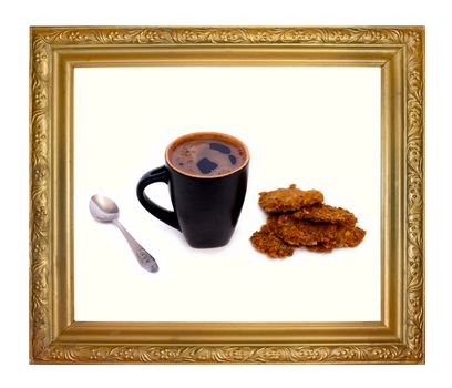 Oil paintings in the form of coffee cup of black coffee with bread roll and a spoon on a white background in the old golden frame