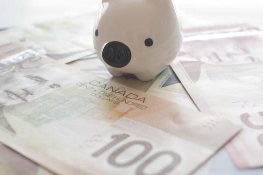 Piggy bank on Canadian money background