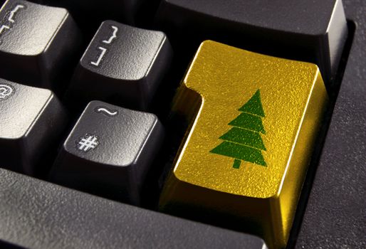 Gold computer enter key with green christmas tree symbol