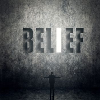 Concept of trust, belief, credit etc, man stand on wall with text.