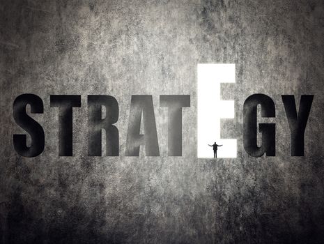 Concept of target, goal, will etc, man stand on wall with text.