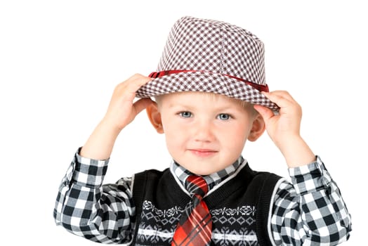 Smiling happy boy with tie shot in the studio on a white background